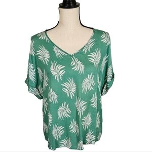Kaileigh V Neck Short Sleeve Blouse,  Green/ With White Leaves, Small